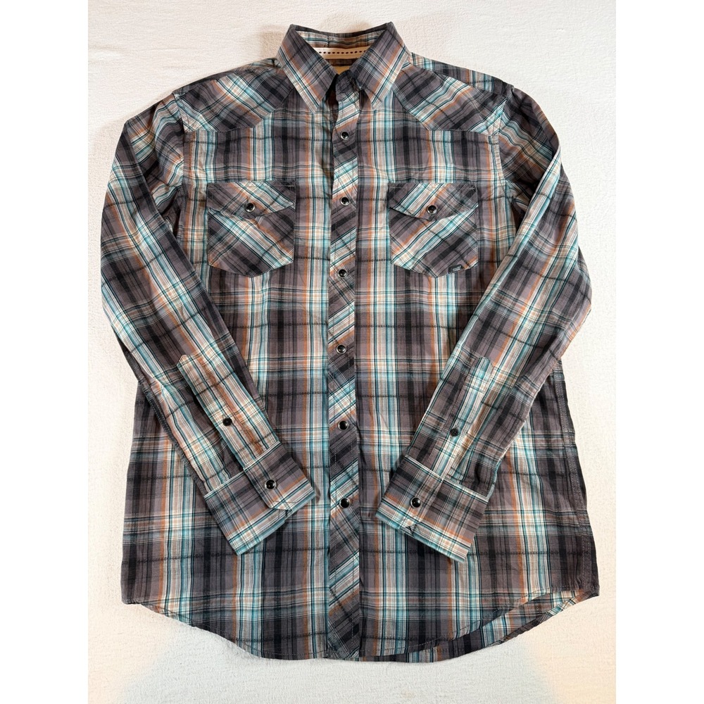 Coastal Mens Plaid Western Snap Button Up Shirt Grey Teal Orange Small
